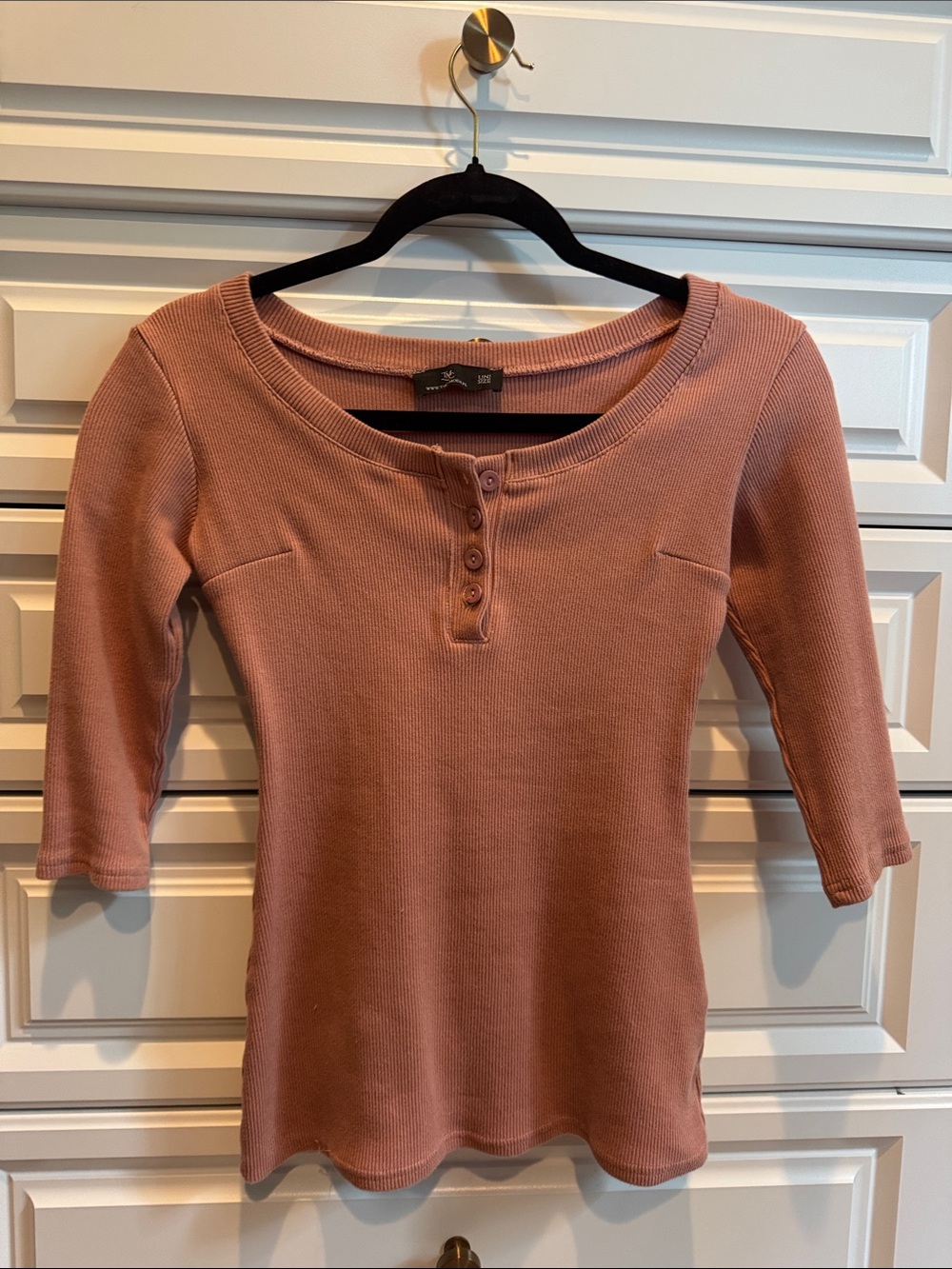 Ribbed Henley Short Sleeve Top - Dusty Rose